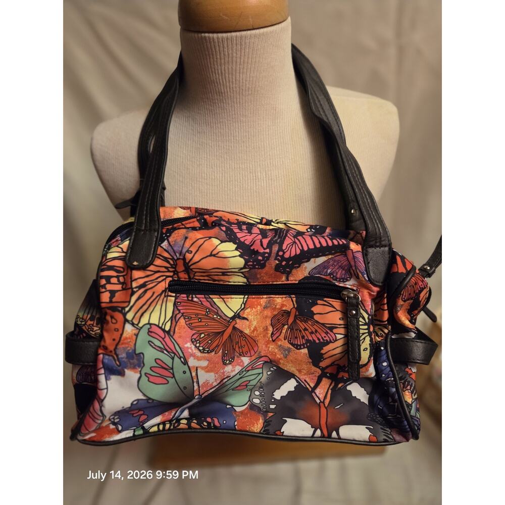 Rosetti Multicolor Butterfly Satchel Top Handle Bag Black Straps Zip Pockets - Picture 2 of 5